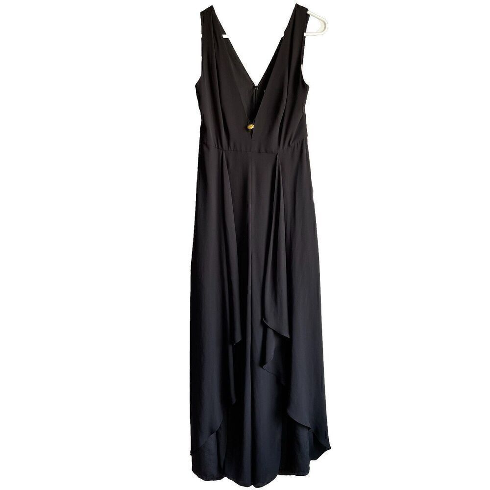 Halston Heritage Womens V Neck Jumpsuit 4 Black Drape Front Modern Artistic